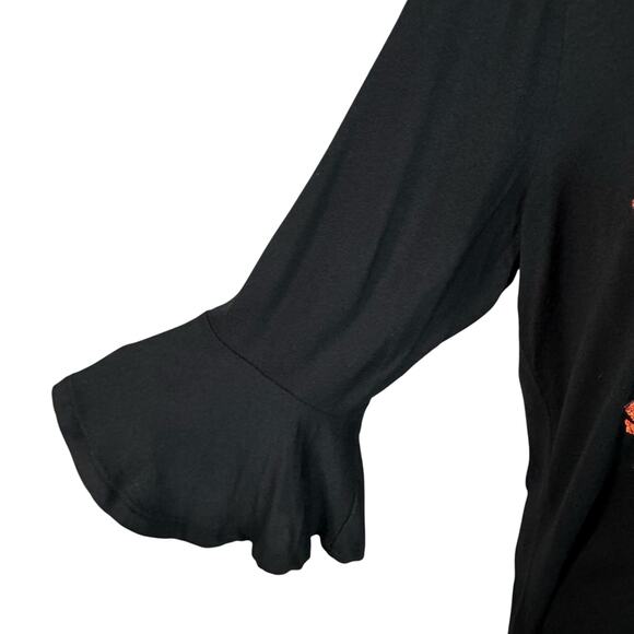APT 9 Large Top Floral Embroidered 3/4 Bell Sleeves Stretch Wide Neckline Black - Picture 3 of 9